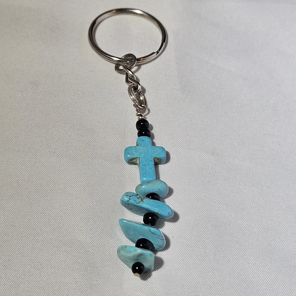 Turquoise Cross Stone Black Beaded Keychain, Keyring